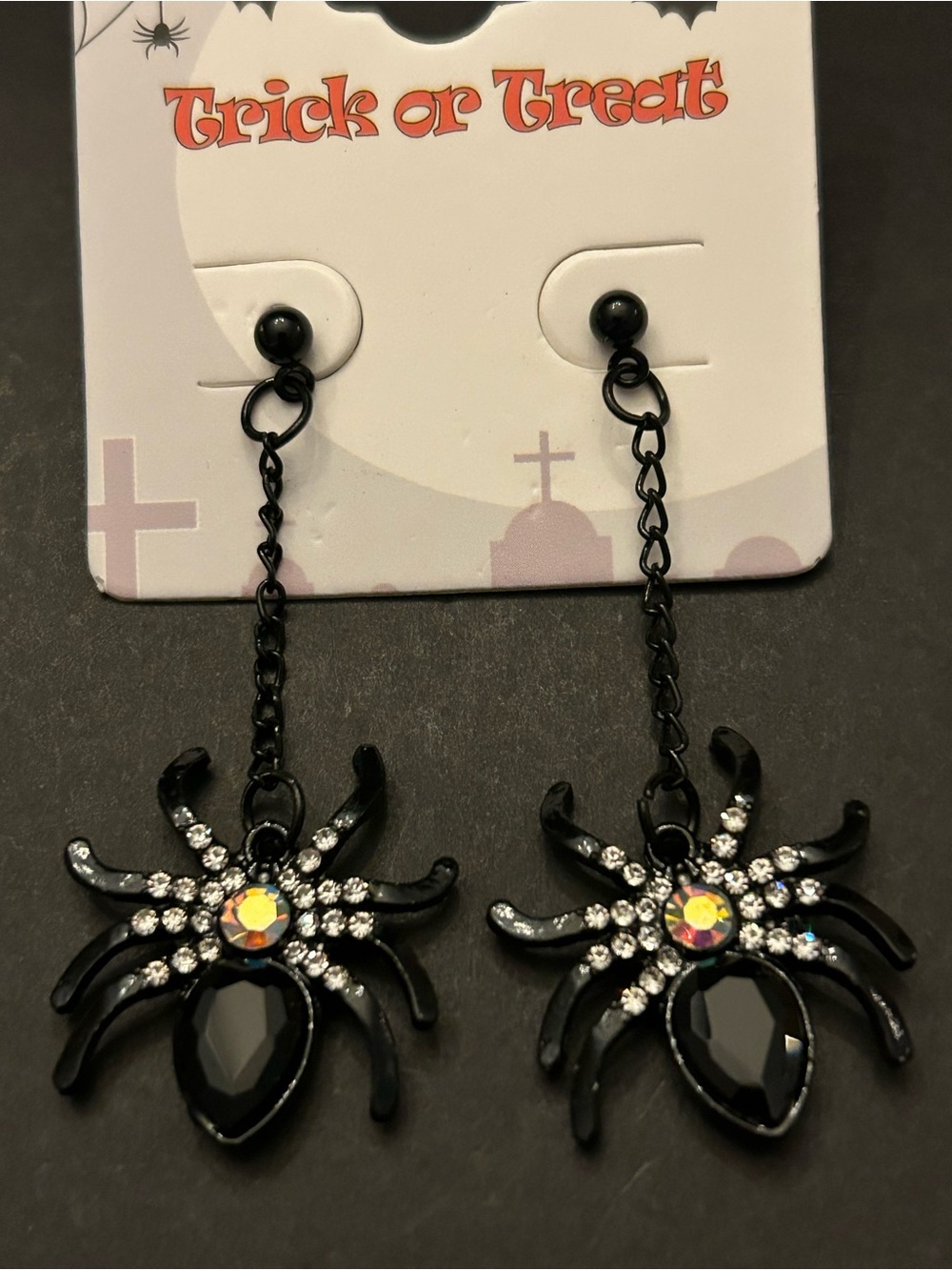 Black Spider 🕷️ Drop Earrings with Matching Black Gem Accents